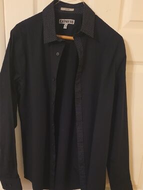 Express Men's Navy Dress Shirt with Patterned Contrast Trim